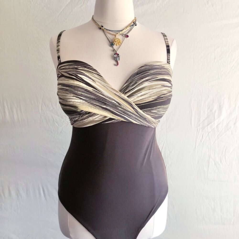 Twist Neckline Swimsuit Size 16 Brown Gold
